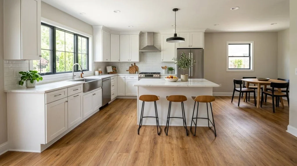 Remodeled Grand Rapids kitchen with white cabinets, island seating and wood-look flooring